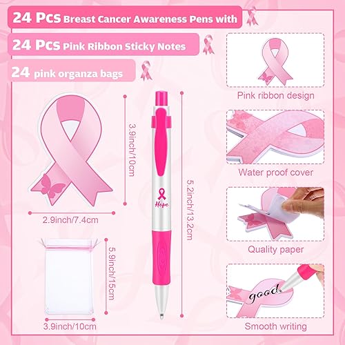 Miniatura 2 de Cholemy El juego de 120 regalos de concientización sobre el cáncer de mama incluye bolígrafos de cinta rosa, insignias de botón, mini bloc de notas,