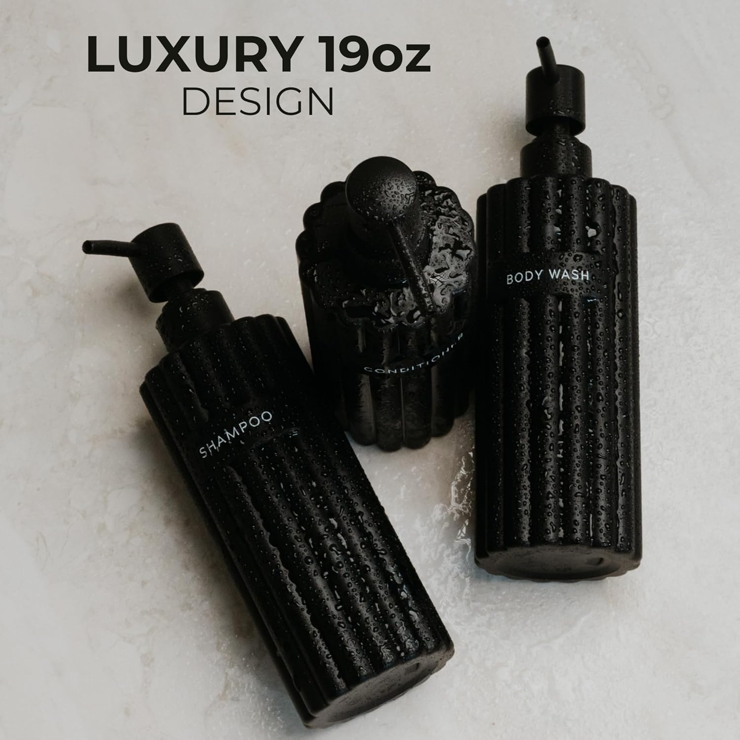 Stylish Shampoo and Conditioner Dispenser Set of 3 - Modern 19oz Shower Soap Bottles with Pump and Labels - Easy to Refill Body Wash Dispensers for an Instant Bathroom Decor Upgrade