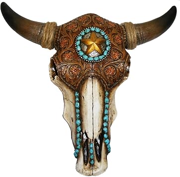 De Leon Collections Distressed Tooled Leather Cow Bull Skull with Gold Star & Turquoise Accent Southwestern Country Hanging Wall Decor