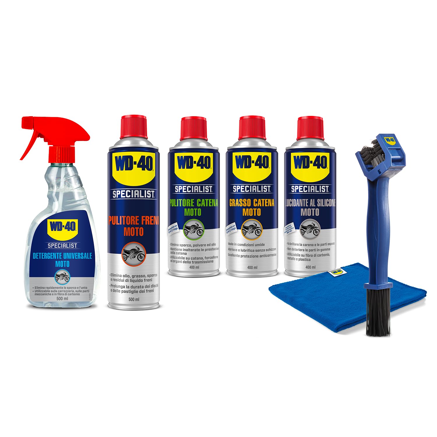 WD-40 Specialist Kit Manutenzione Moto Professionale 5 Prodotti con Detergente 500 ml, Pulitore Freni 500 ml e Catena 400 ml, Grasso Catena 400 ml, Lucidante silicone 400 ml, Spazzola Panno Microfibra