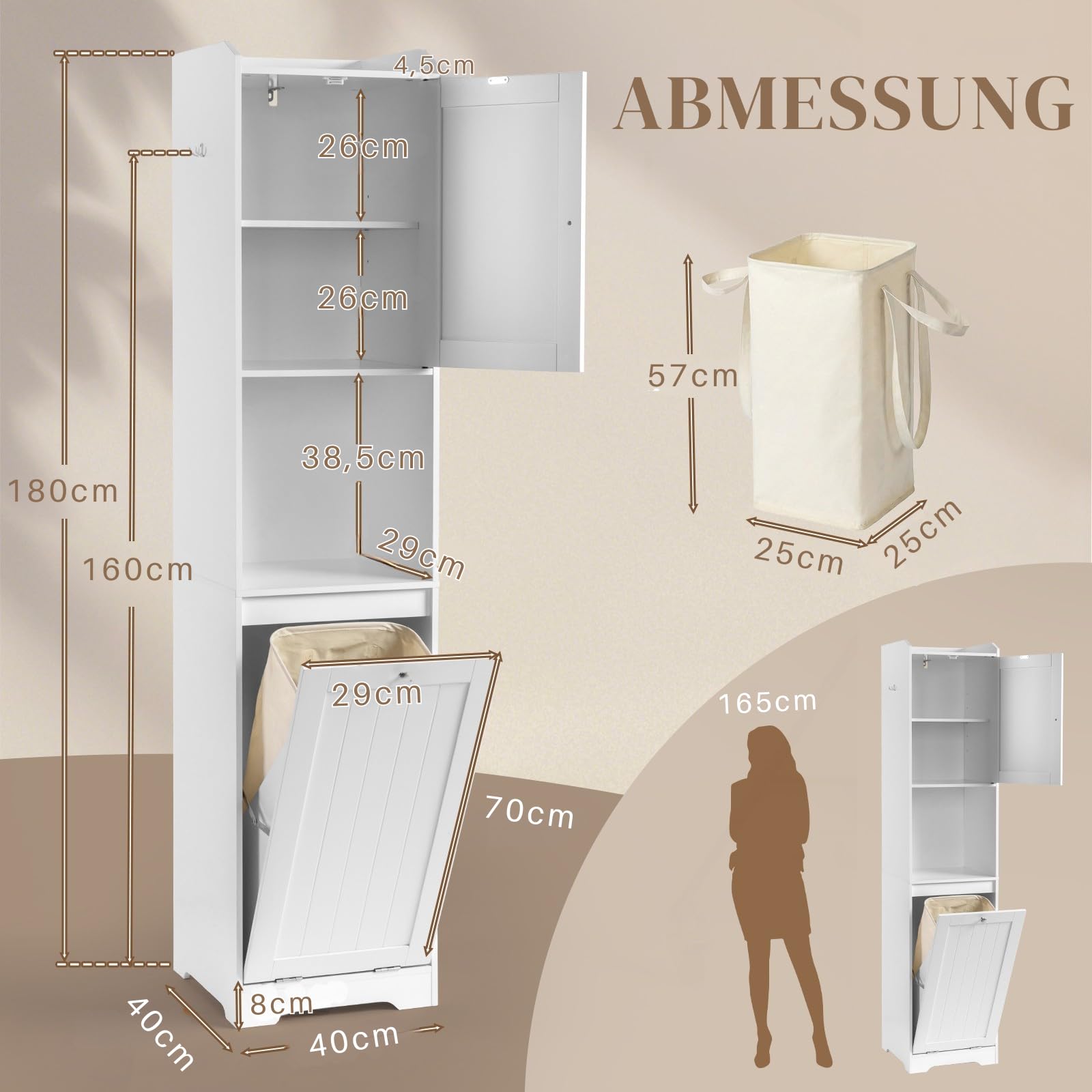 LEADZM Badezimmerschrank, Lagerschrank Aufbewahrungsschrank | Badschrank hoch mit 1 Tür, 1 Klappdeckel-Schublade, 1 offenen Fächern für Badezimmer Wohnzimmer, Esszimme, 40 x 40 x 180 cm