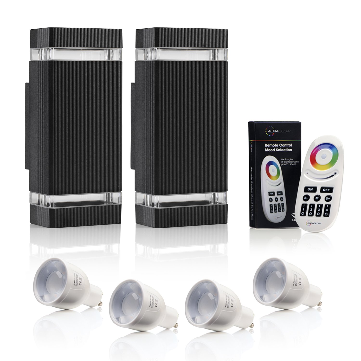 Auraglow RF Remote Control Colour Changing LED Double Up & Down Outdoor Wall Light - Black - 2 Pack