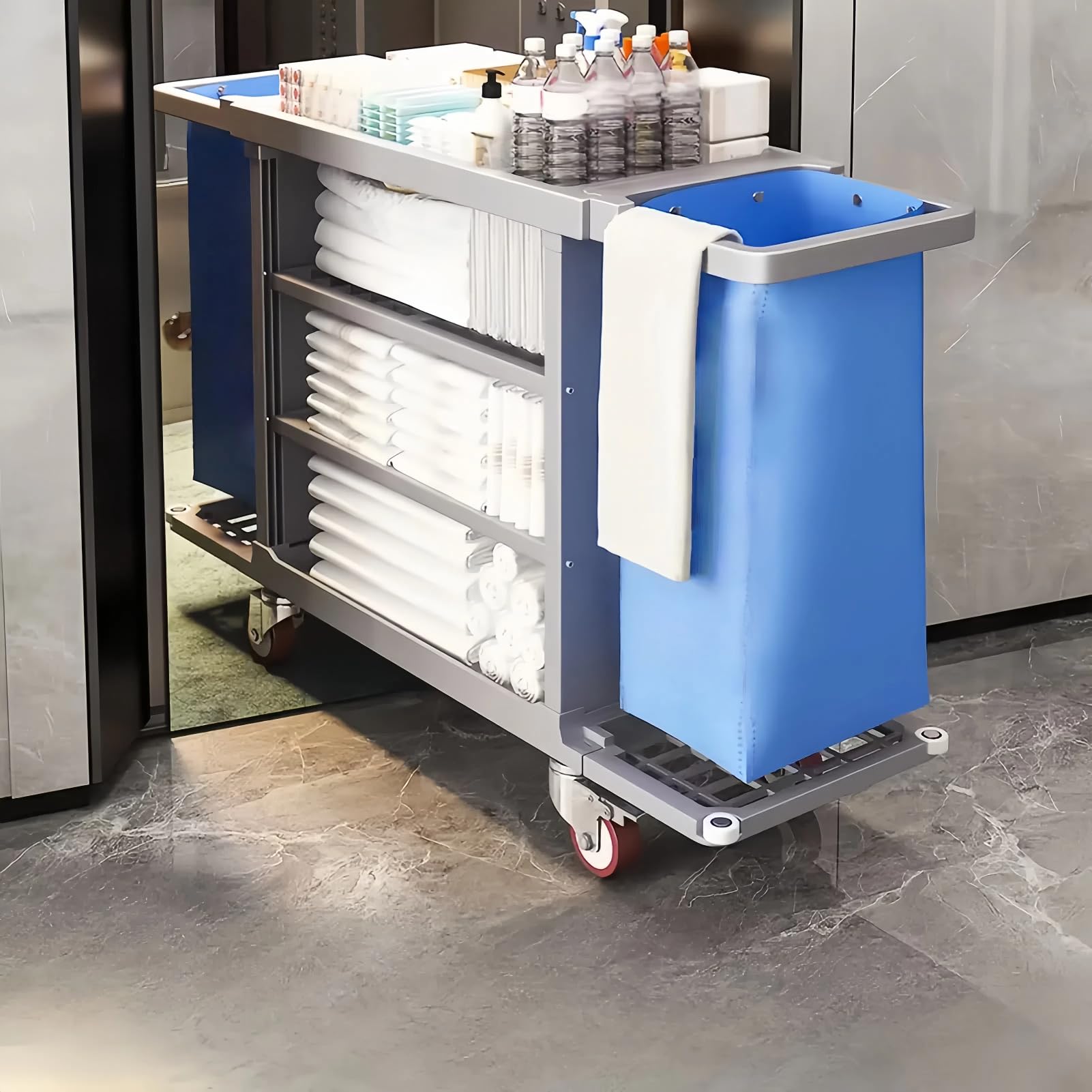 Hotelreinigung Handwagen,Gewerblicher Reinigungswagen, Hotel-Reinigungswagen Mit Klappbaren SeitenwäNden,FüR Hotels Und BüRos Hotelwagen WäSchewagen,Grau,53.3×18.2×39in(Lg)