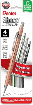 Pentel Sharp Metallic Mechanical Pencil, 0.7mm, Medium Line, Assorted Colored Barrels, Pack of 4 P207MPF4M