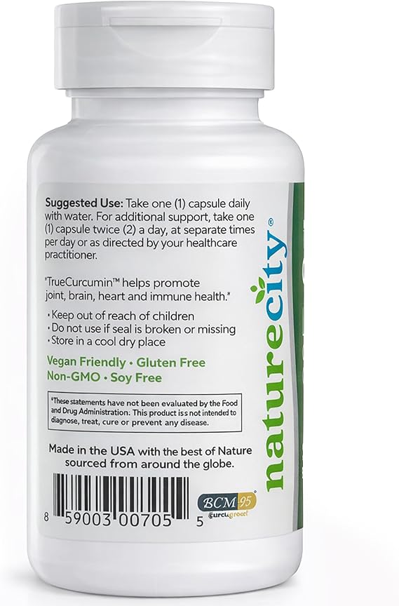 NatureCity True-Curcumin Turmeric Supplement - Non-GMO Turmeric and Curcumin Capsules - BCM-95 Curcumin Formula for Enhanced Absorption - Supports Joint, Immune and Cognitive Health - 30 Days Supply