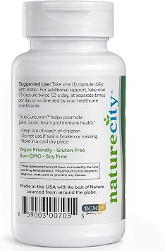 NatureCity True-Curcumin Turmeric Supplement - Non-GMO Turmeric and Curcumin Capsules - BCM-95 Curcumin Formula for Enhanced Absorption - Supports Joint, Immune and Cognitive Health - 30 Days Supply