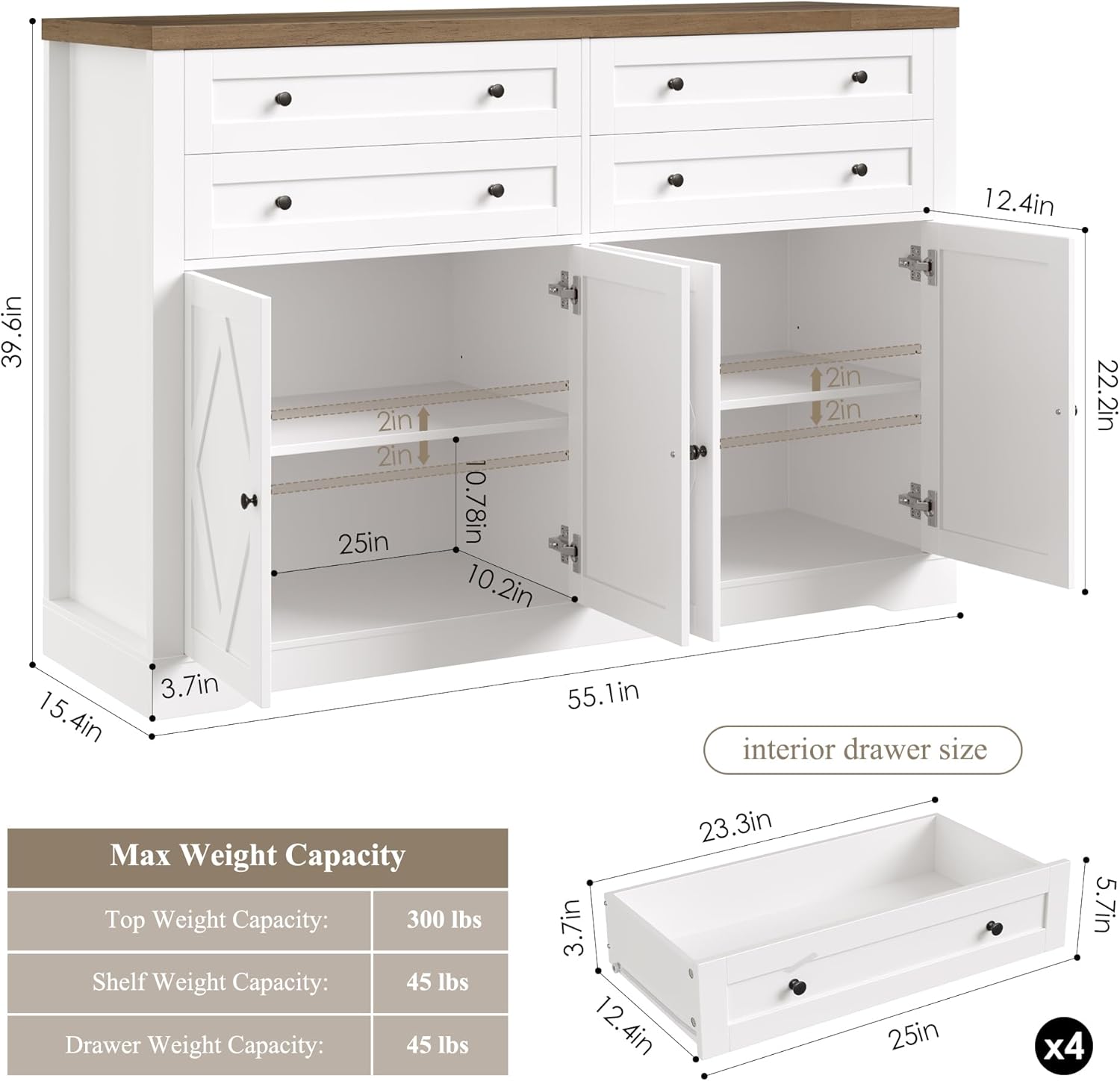 Dimensions and weight capacities of the HOSTACK Buffet Cabinet