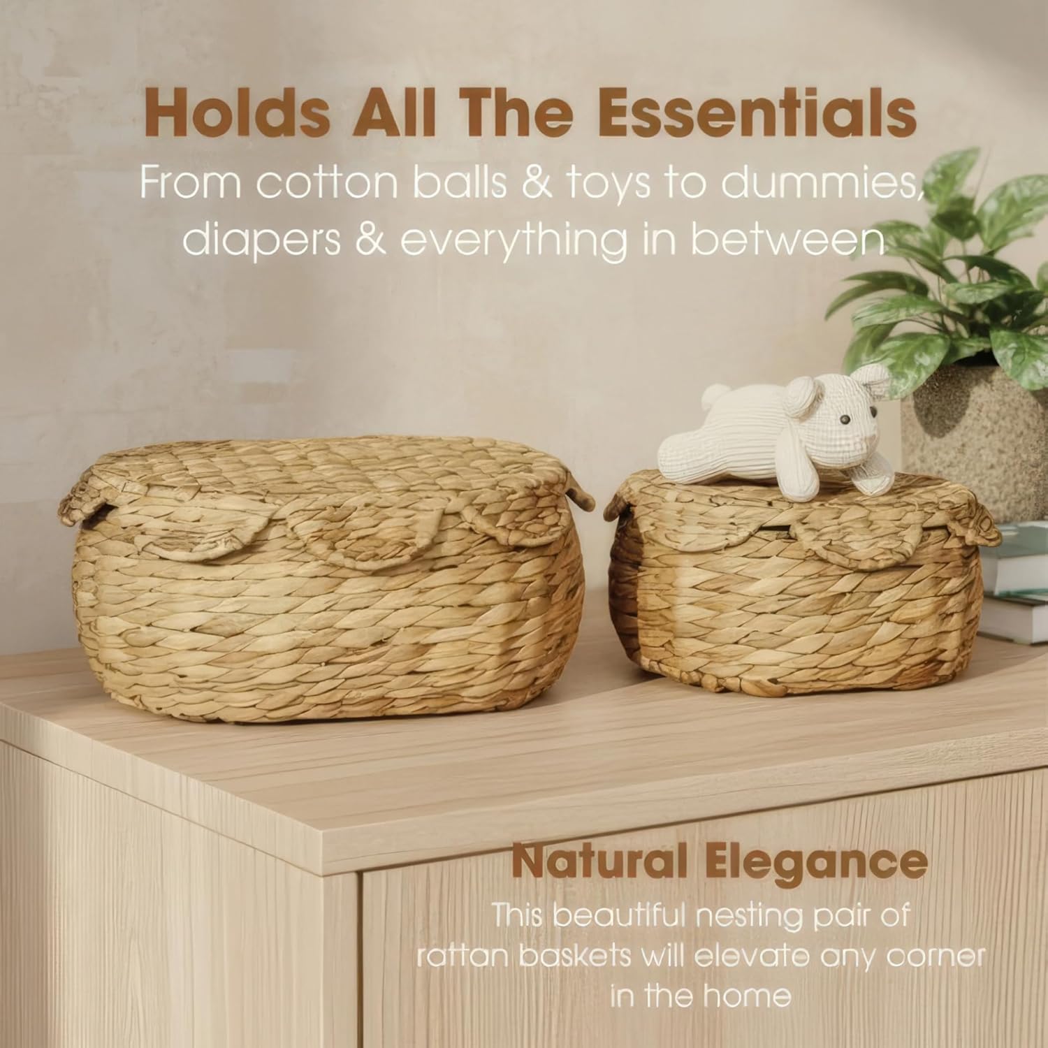 Boho Rattan Basket Set of 2, Scalloped Wicker Storage Baskets with Lids, Handwoven Woven Storage Basket Decorative Basket, Vintage Picnic Basket, Wicker Bread Basket, Natural Decorative Storage