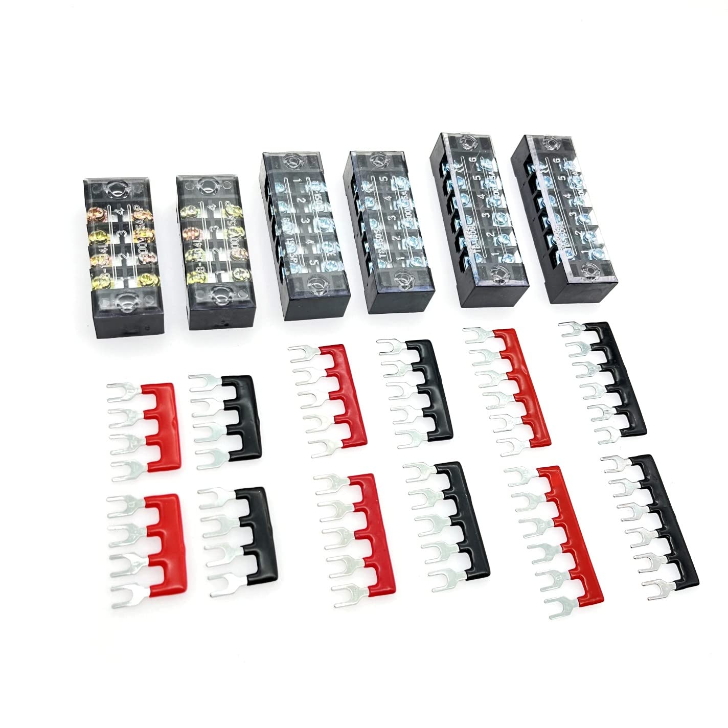 6pcs 600V/400V 15A Dual Row Screw Barrier Terminal Block - 6/5/4 Positions, Insulated, Red/Black