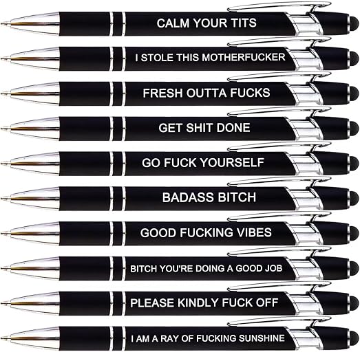 10pcs Fuck Pens Set, Swear Word Pens, Fun Pens for Adults, Funny Office Gifts, Smooth Writing Ballpoint Pens with Stylus Tips, Black Ink