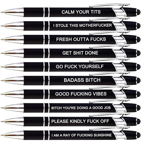 Ranessa 10pcs Fuck Pens Set, Swear Word Pens, Fun Pens for Adults, Funny Office Gifts, Smooth Writing Ballpoint Pens with Stylus Tips, Black Ink
