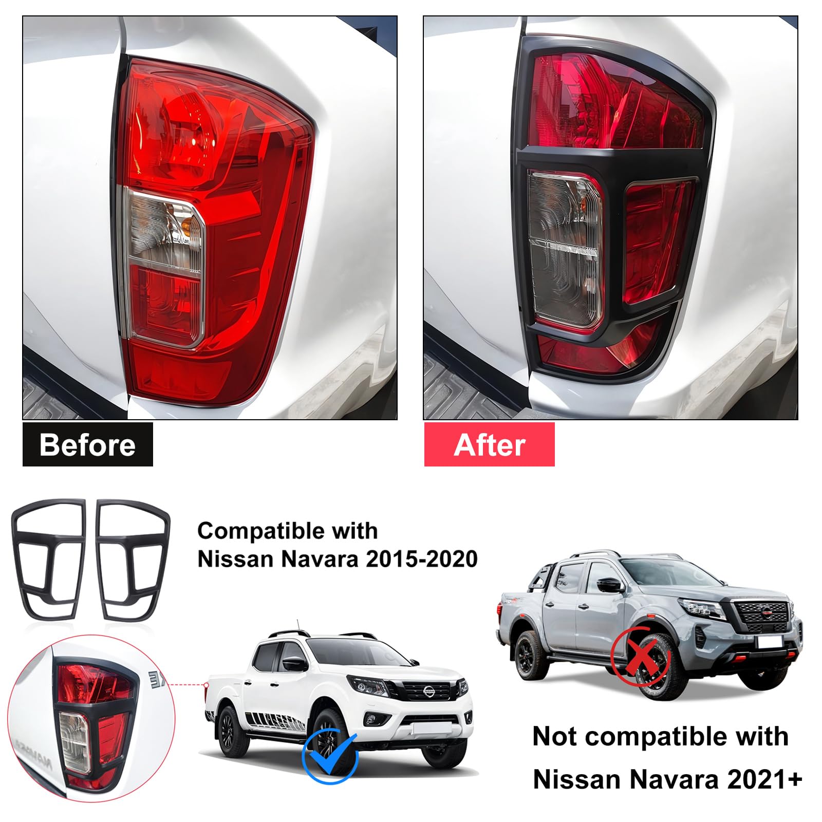 Cubierta de faros delanteros y trasera para Nissan Navara 2015-2020, D23 NP300 N-Guard Navara Trek-1° Navara Tekna ABS negro mate