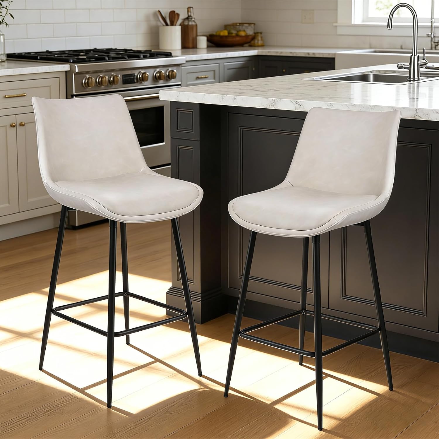 Counter Height Bar Stools Set of 2, FSC Certified Upholstered Faux Leather Barstools with Back, Metal Base, 27" Seat Height, Modern Upholstered Counter Stools for Kitchen Island,(Beige