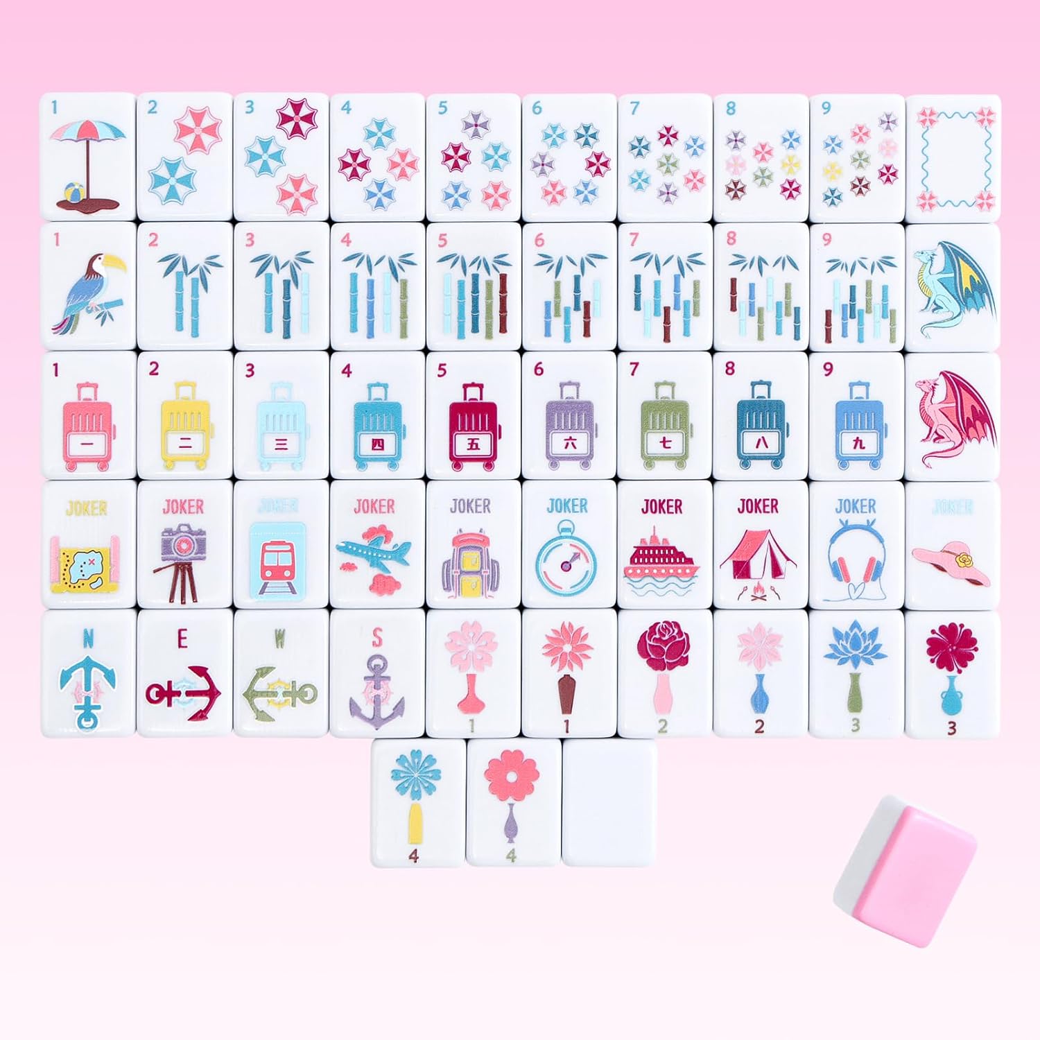 160 Pink Printed American Mahjong Game Set with Carrying Bag and Accessories, 1.2’’ Mahjong Tiles Set