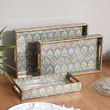Set of 3 Waterproof Wooden Trays – Traditional Jharoka and Flower Motif Design, Multipurpose Lacquer Coated MDF Serving Trays (16x10, 14x8, 12x6 Inches)(Set3NonWP- FloralJharoka)