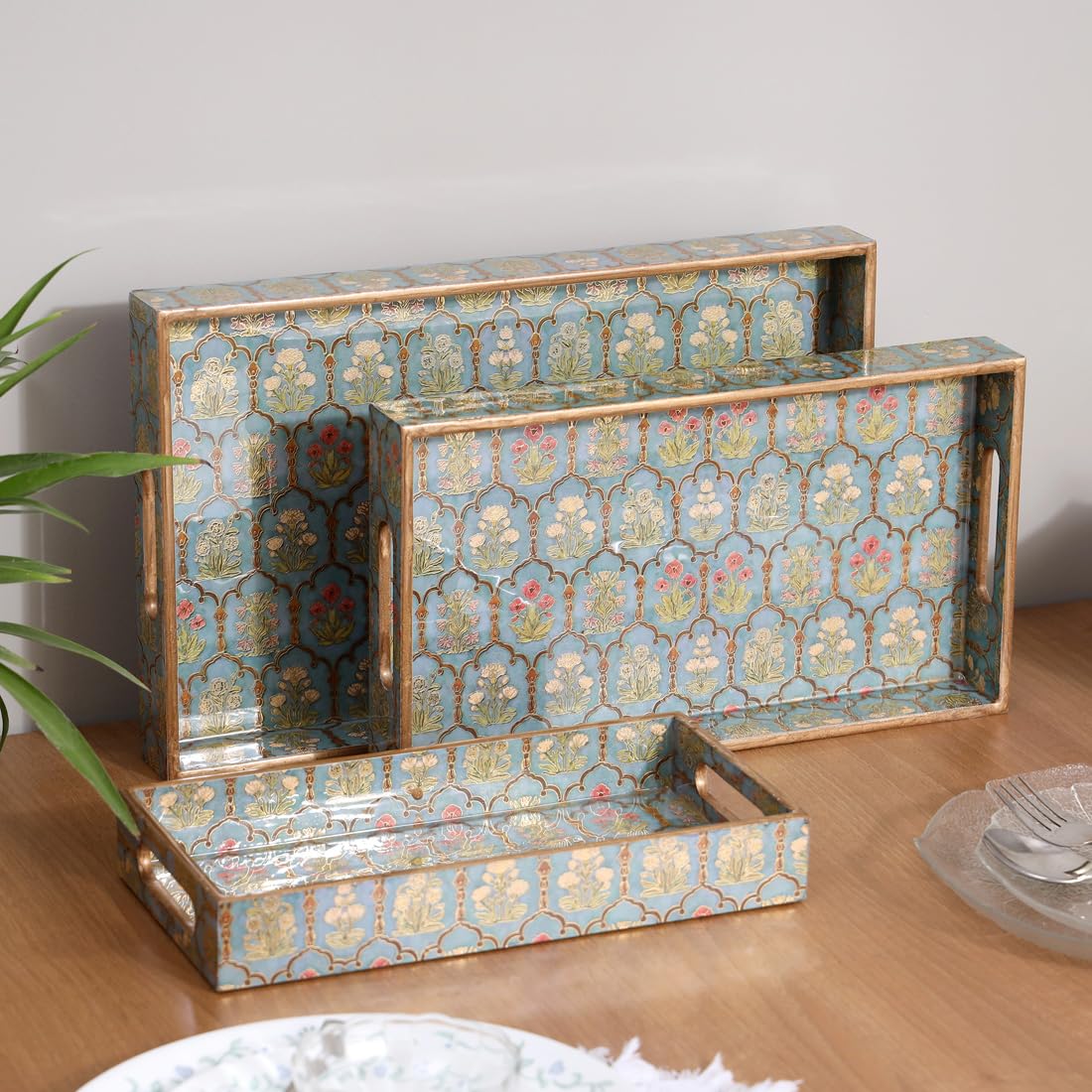 Set of 3 Waterproof Wooden Trays – Traditional Jharoka and Flower Motif Design, Multipurpose Lacquer Coated MDF Serving Trays (16x10, 14x8, 12x6 Inches)(Set3NonWP- FloralJharoka)-image-47