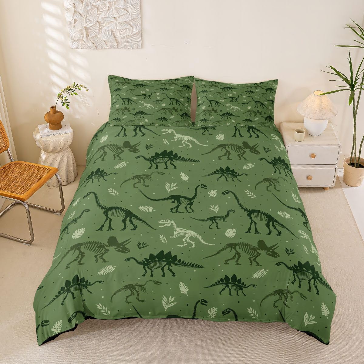 Dinosaur Skeleton Duvet Cover Set Twin Size,Army Green Dino Print Bedding Sets 2Pcs Kids Girls Boys Teens Room Decor,Tropical Palm Leaves Comforter Cover Wild Animals Plants Quilt Cover,1 Pillowcase