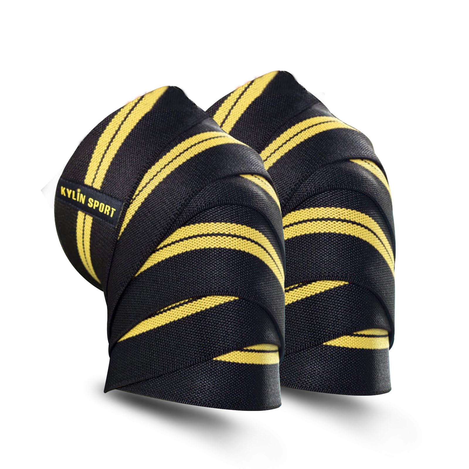 79" Knee Wrap (coppia) Supporto elastico a compressione per ginocchio per cross training WOD, allenamento in palestra, sollevamento pesi, fitness, powerlifting/uomo e donna (giallo/nero)