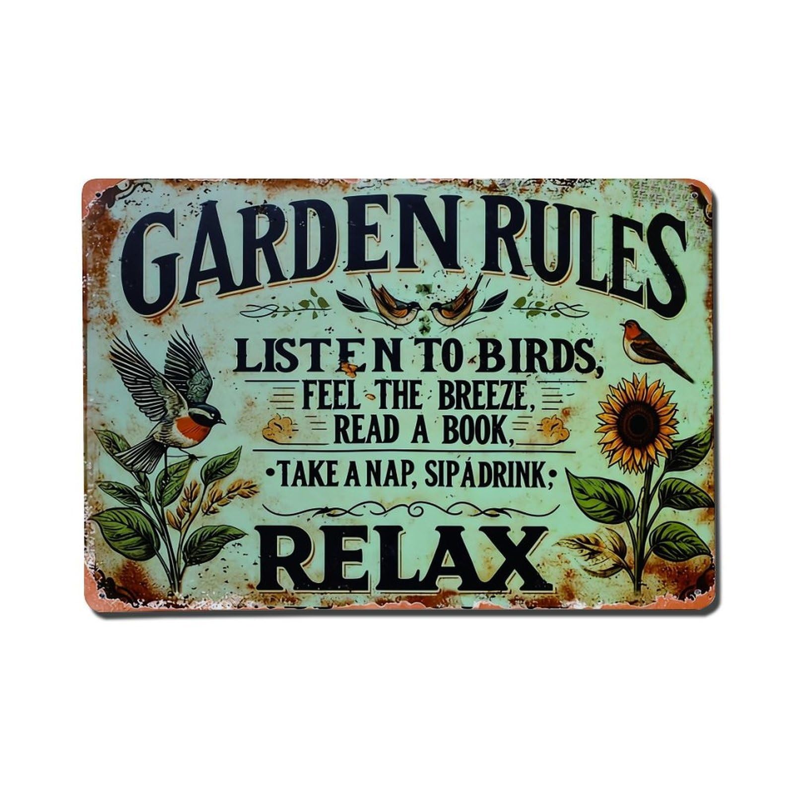 Garden Rules Listen Birds Feel Breeze Read Book Take Nap Sip Drink Relax Tin Sign Metal Poster Vintage Metal Signs for Home Man Cave Bar Cafe Kitchen laundry room Wall Decorations Gift 8x12Inch