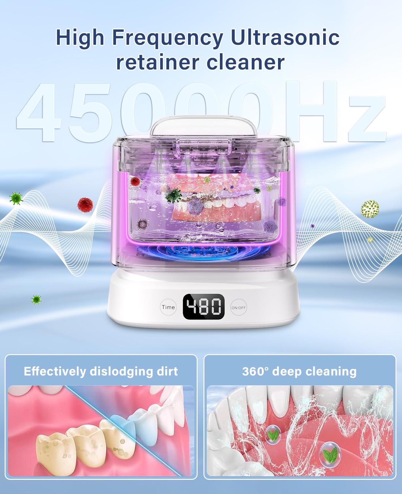 Macchina per la pulizia a ultrasuoni, per la pulizia dentale, con timer digitale per protesi, allineatori, parentesi graffe, guardie notturne, gioielli, 45 kHz/319 ml (bianco)