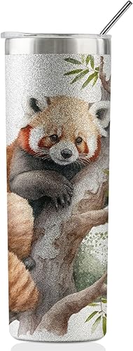 Onebttl Regalos de panda rojo para niñas, para Navidad, cumpleaños, 20 onzas, acero inoxidable, con aislamiento, taza de café de viaje, con purpurina