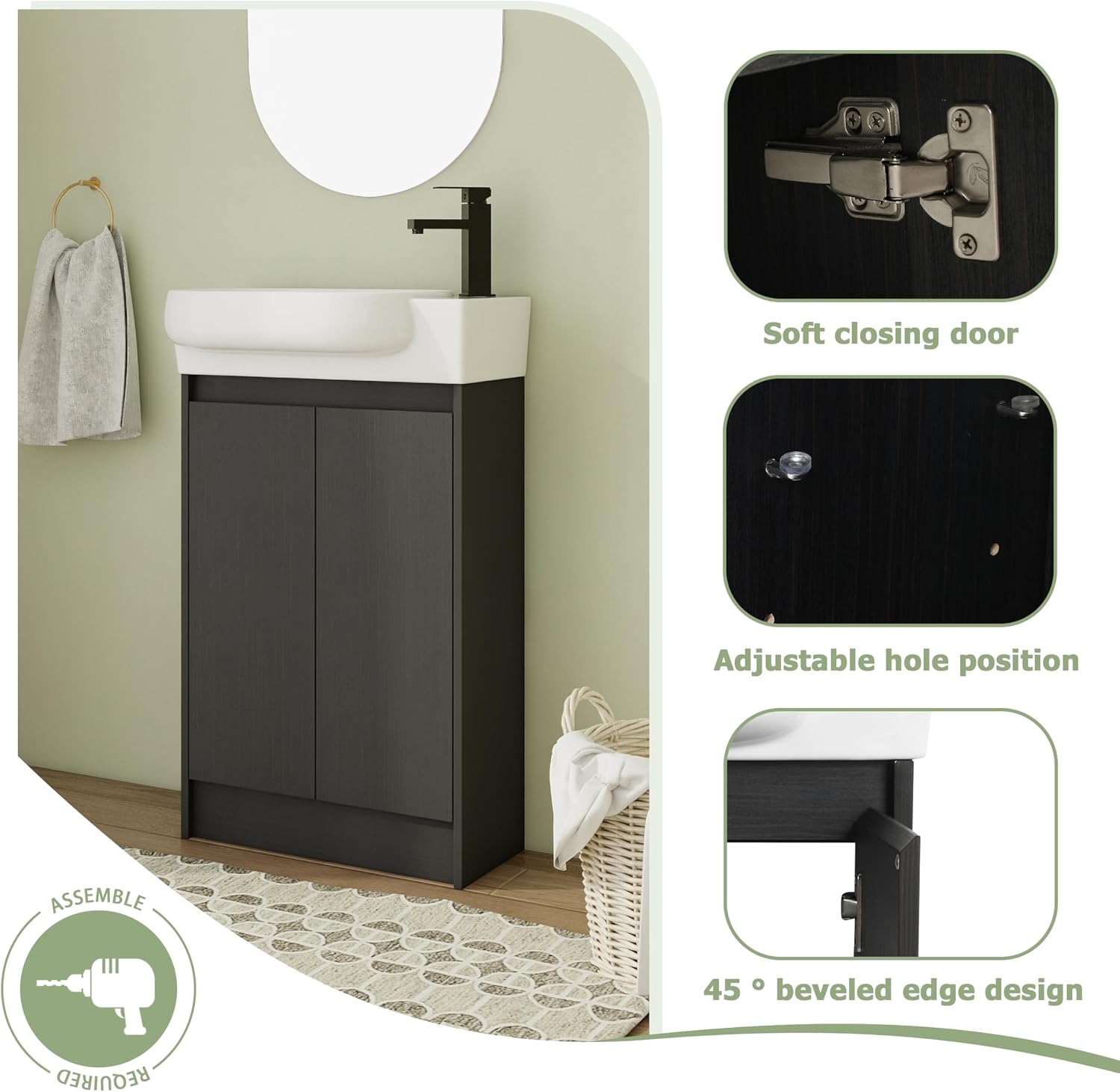 23 Inch Freestanding Vanity, 23" Bathroom Vanity with Sink, Single Sink Floor Stand Vanity Combo, Modern Black Bathroom Vanity Set with 2 Doors and White Basin Sink