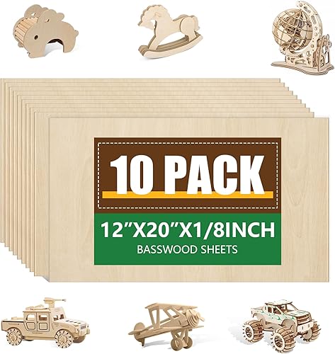 Paquete de 10 hojas de tilo de 1/8 x 12 x 20 pulgadas, madera sin terminar para manualidades, tilo de 0.118 pulgadas para corte y grabado láser,