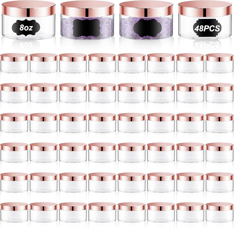 Uiifan Pacote com 48 frascos plásticos PET transparentes de 240 mL com tampas rosé e etiquetas impermeáveis