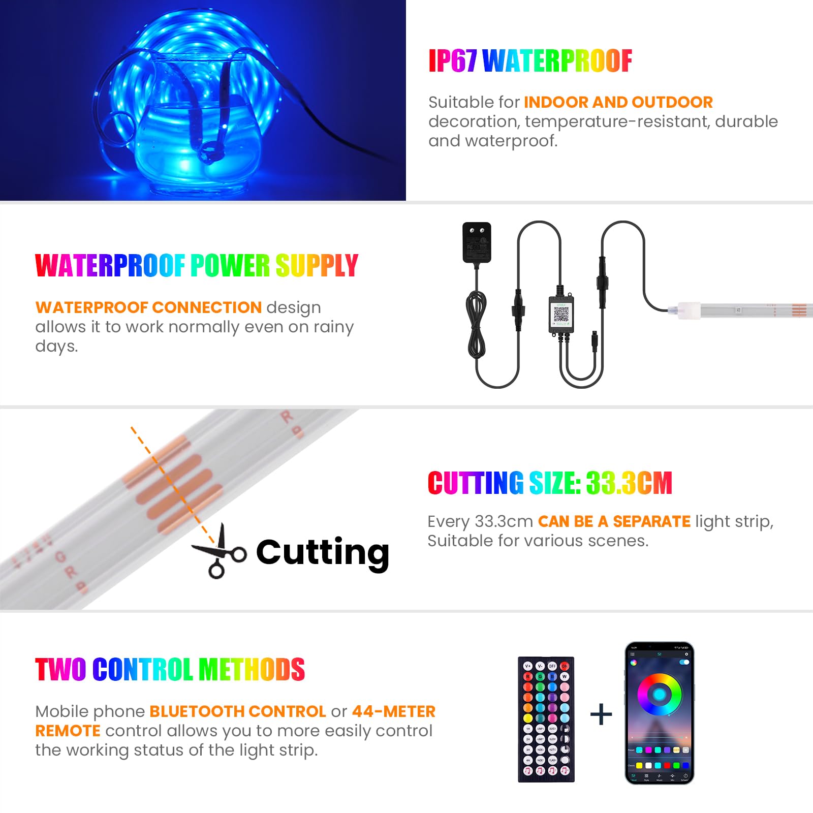 Bluetooth Bunte Streifen 60M, 24V SMD3535 15LEDs/M Selbstklebendes Band IP67 Wasserdichtes Dimmbar Farbwechsel RGB Lichtband, Musik Sync Timer-Einstellung LED Lichterkette für Weihnachten Deko