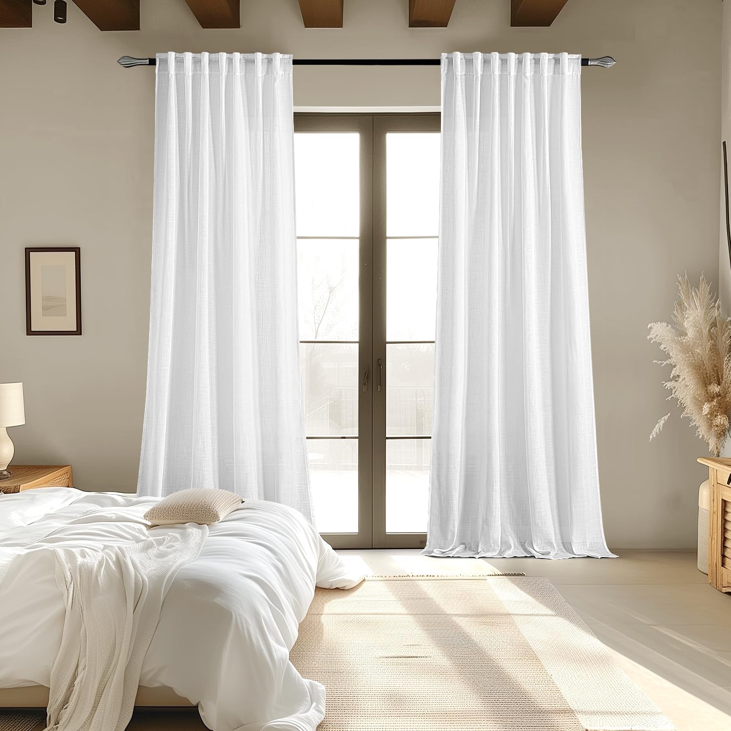 MIULEE White Linen Curtains 102 Inch Long 2 Panels for Bedroom Living Room, Soft Thick Linen Textured Back Tab Window Drapes Semi Sheer Light Filtering Rod Pocket Modern Farmhouse Decor