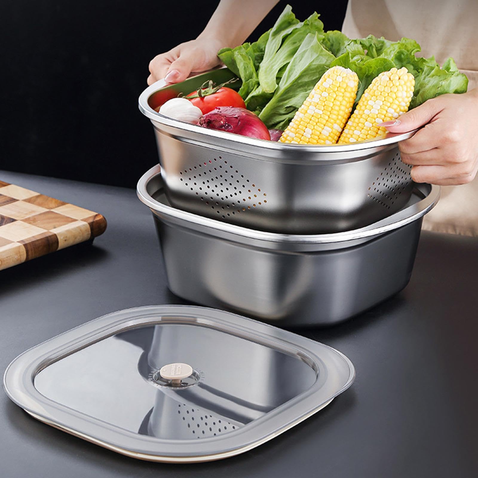 Edelstahl Sieb Schüssel System Pasta Mischschüssel Reissieb Aufbewahrungsbehälter mit Deckel für Lebensmittel Haushalt, 4600 Ml