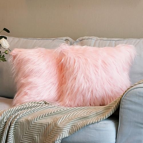 Miniatura 3 de OurWarm Juego de 2 fundas de almohada esponjosas de piel rosa de 18 x 18 pulgadas, fundas de almohada de piel sintética de lujo estilo merino,