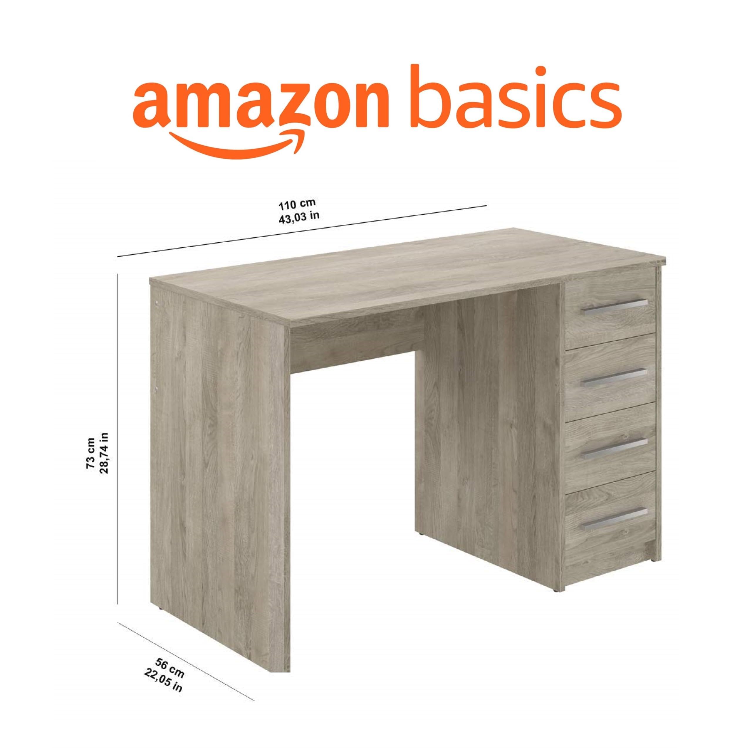 Amazon Basics Moderner Home-Office-Schreibtisch, Computertisch mit 4 Schubladen, einfacher Aufbau, 56 x 110 x 73 cm, Eiche