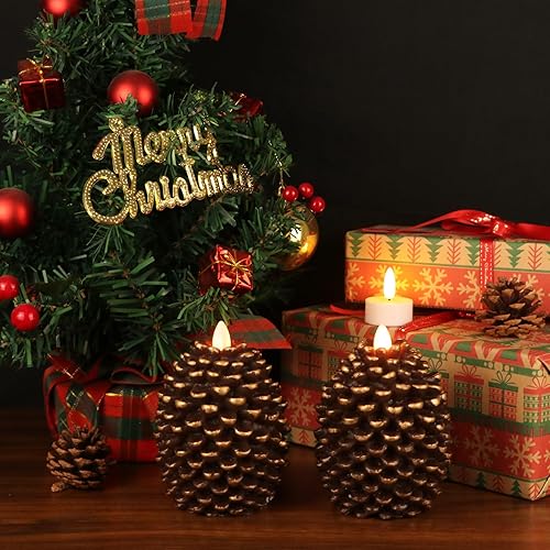 Miniatura 4 de Wondise- 2 velas parpadeantes sin llama en forma de piña cera real, con temporizador, funcionan con pilas para decoración de interiores de Navidad