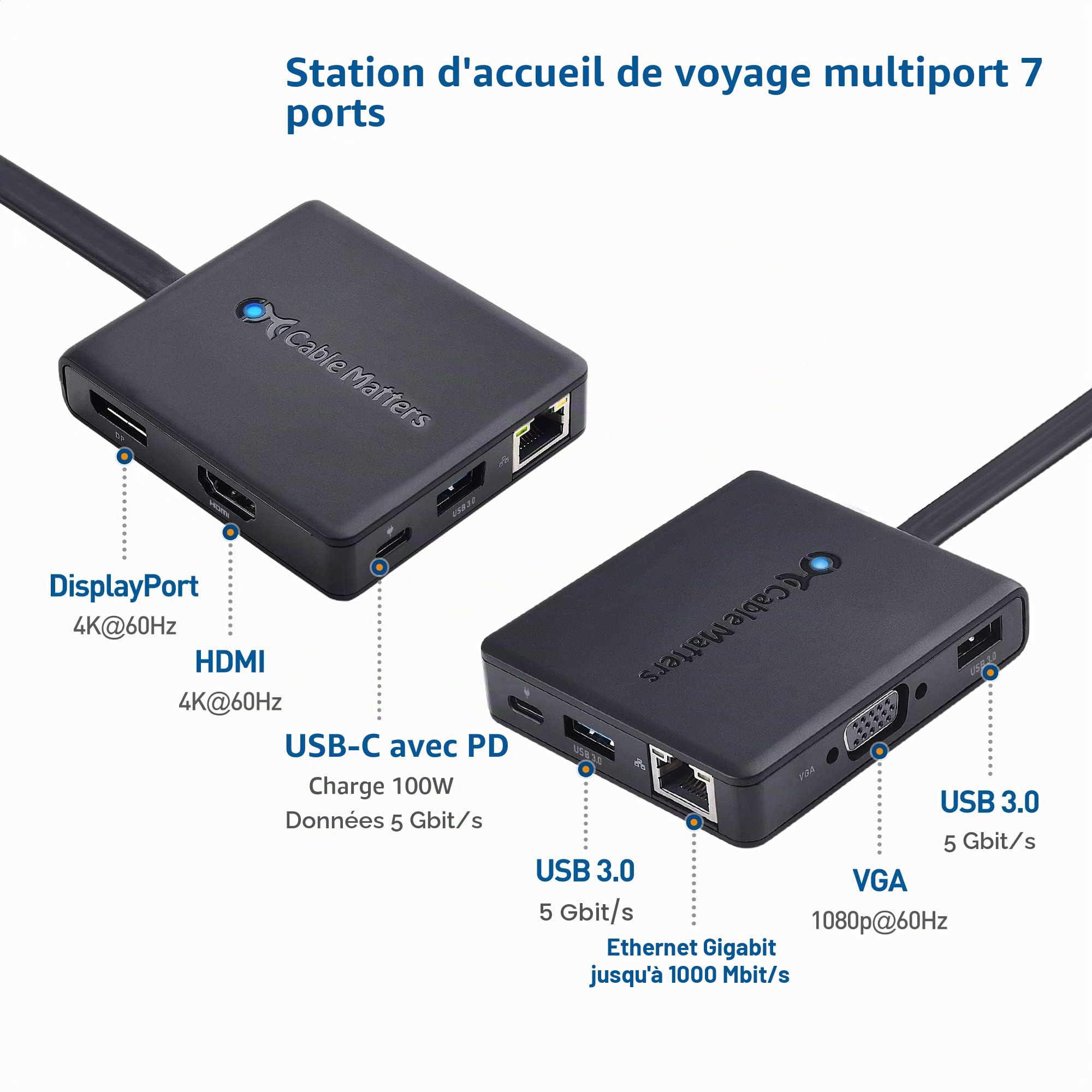 Cable Matters 7 sur 1 Hub USB C HDMI, DisplayPort, VGA, USB 3.0, Gigabit Ethernet, Charge 100W - Port Thunderbolt 4 / USB4 / Thunderbolt 3 Compatible MacBook Pro, Dell XPS, Surface Pro et Plus Encore | MacBook Pro, Dell XPS, Surface Pro et plus, DisplayPo
