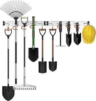 HUPBIPY 34.5 Aluminum Alloy Garden Tool Organizer Wall Mount Garage Organizers and Storage with Hooks Tool Hangers for Shed Hooks for Shovel, Rake, Broom & More