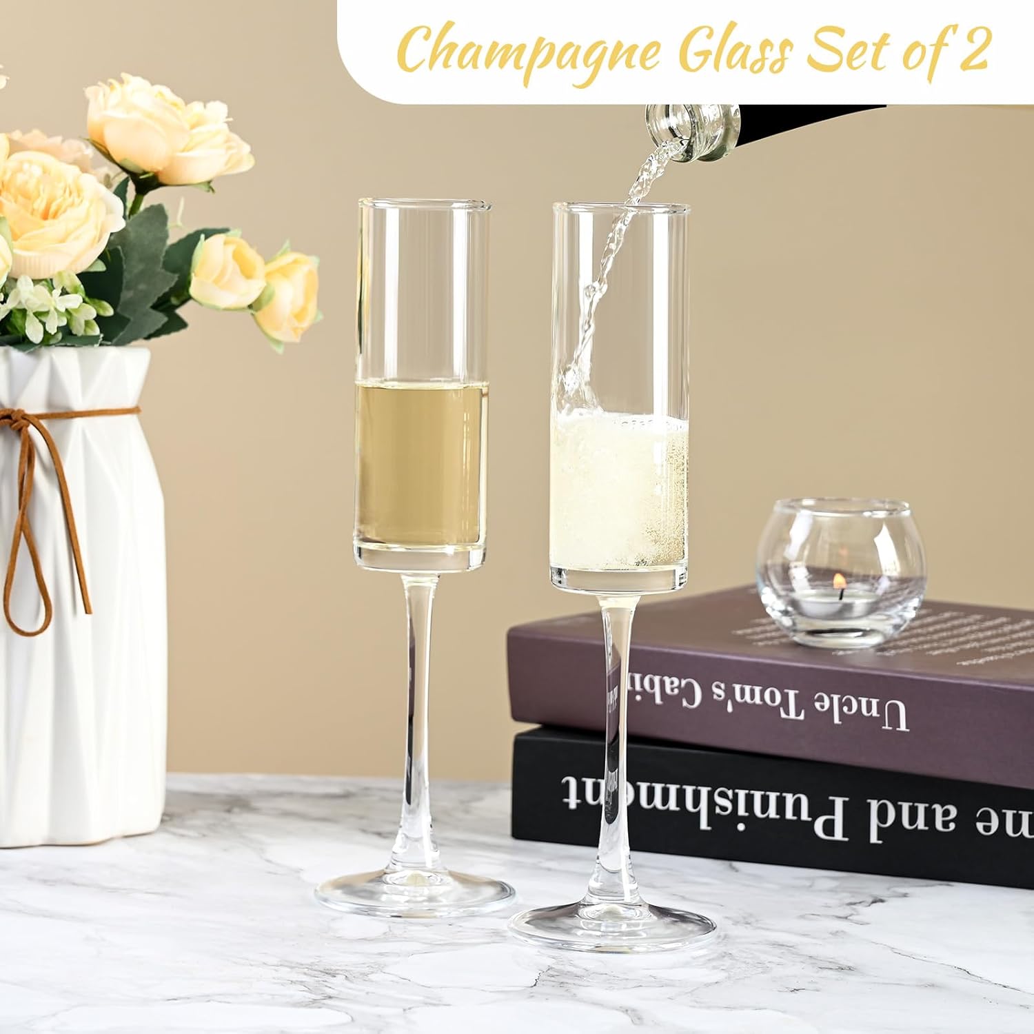 Glass Champagne Flutes Glass, Straight Champagne Glasses Set of 2, Stemmed Mimosa Glasses 7oz, Hand Blown Champagne Flutes, Gifts for Weddings, Parties, Dishwasher Cleaning Christmas - Image 4