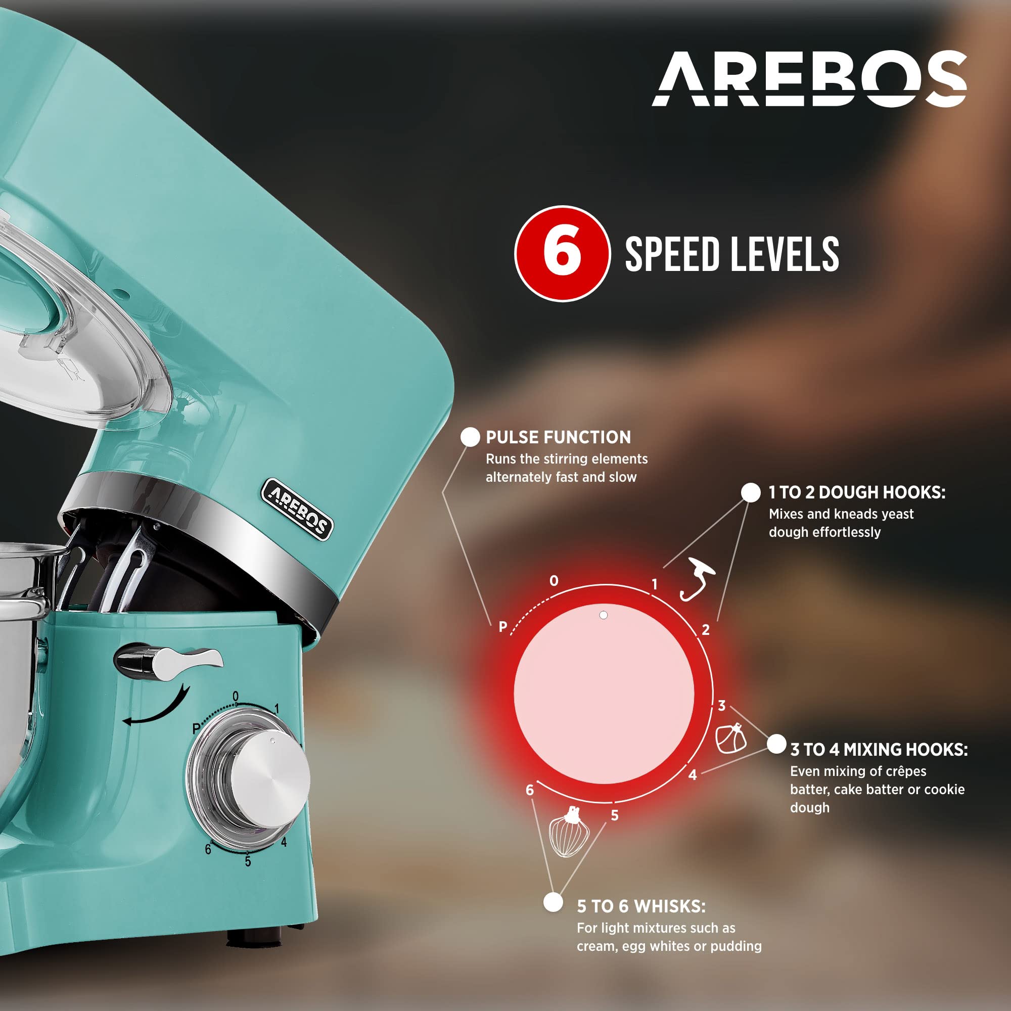 Arebos Profesjonalny robot cukierniczy 1500W | Turkus | Wielofunkcyjny robot kuchenny z trzepaczką, ubijaczką i haczykiem | Z 2 miskami ze stali nierdzewnej | 6 prędkości | Funkcja impulsu