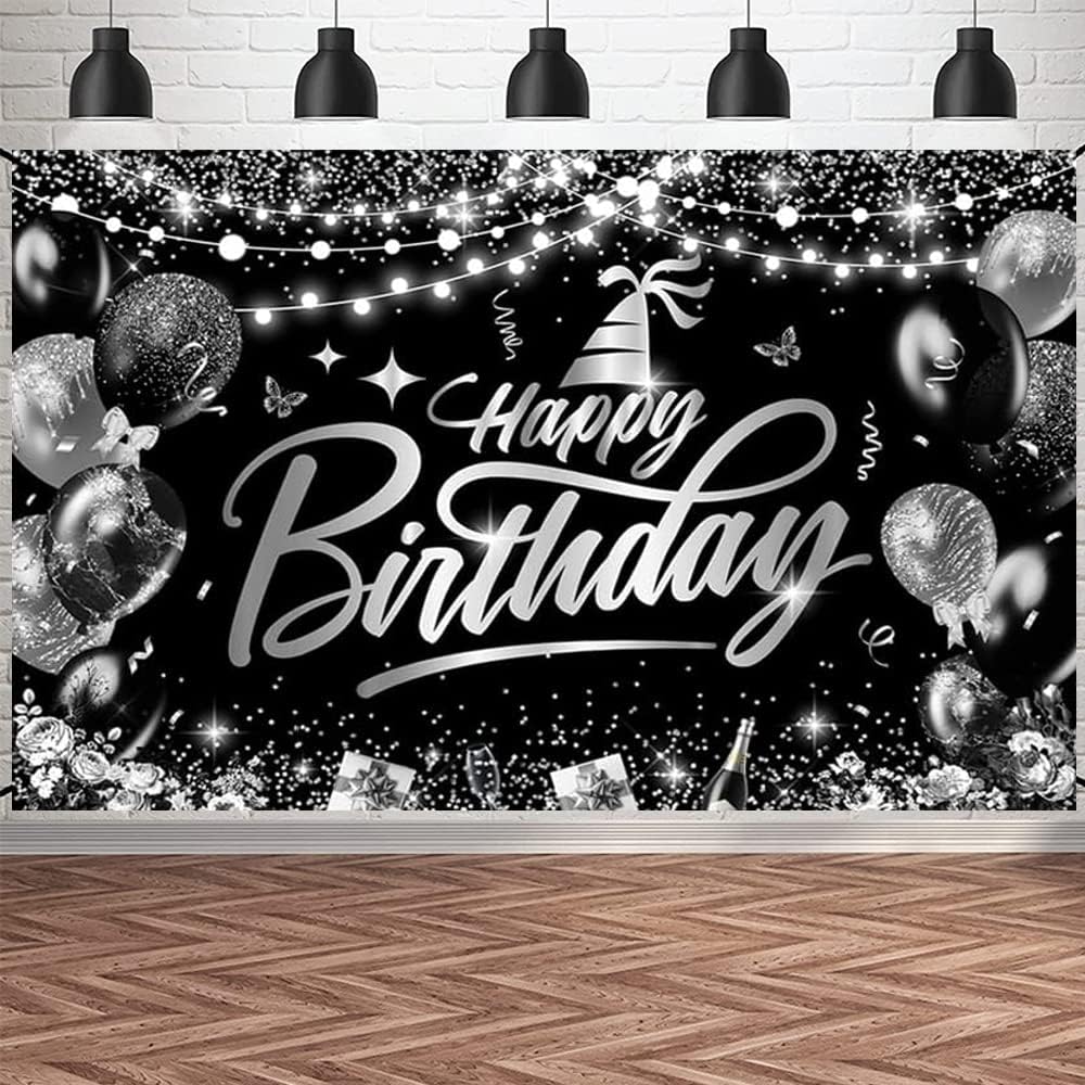 Black and Silver Happy Birthday Banner Silver Glitter Balloons Birthday Photo