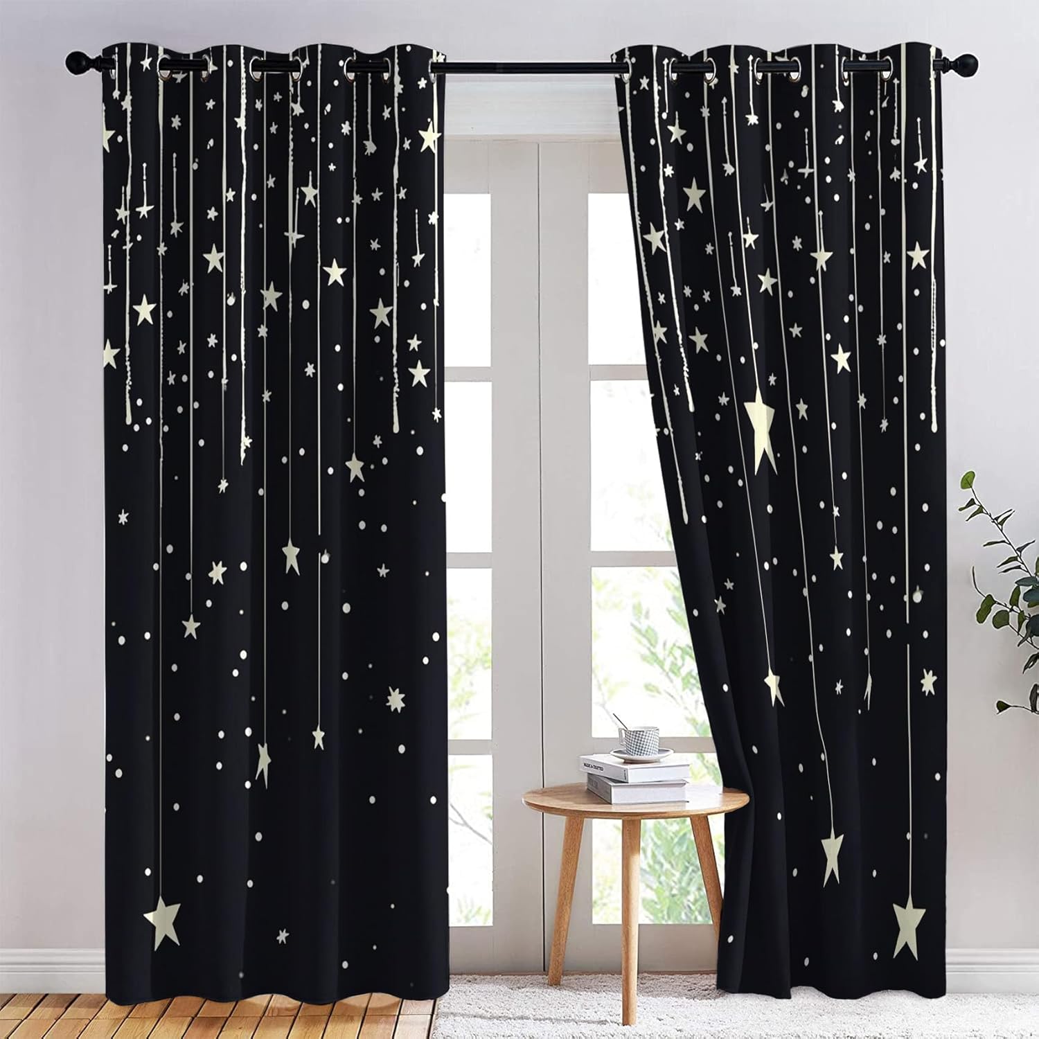 Starry Night Curtains for Boys Girls Bedroom Decor, Starlit Sky Black And White Blackout Curtains for Kids Room, Silver Star Window Curtains for Nursery Classroom Playroom, Grommet Drapes, 38x54