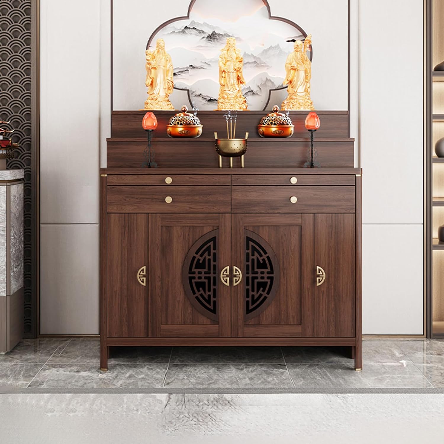 Solid Wood Frame Personal Shrine Altar Table, Buddha Niche Chinese Cabinet with Large Storage Cabinet, Meditation Prayer Table with Drawer (Dark Brown, 126cm/49.6in)