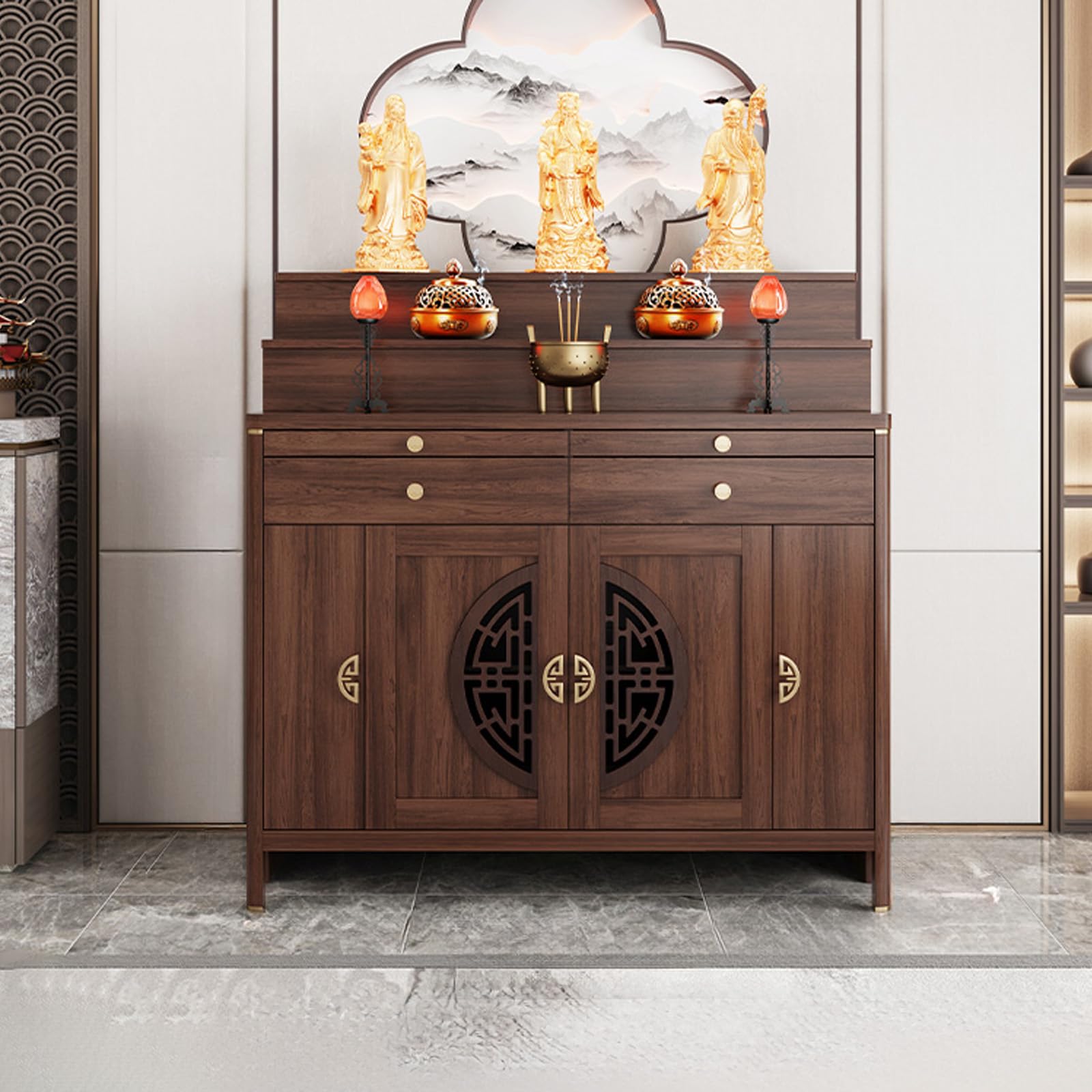 Personal Shrine Altar Table with Storage, Buddha Niche Chinese Cabinet, Pooja Mandir Cabinet for Incense & Offerings (Dark Brown, 126cm/49.6in)