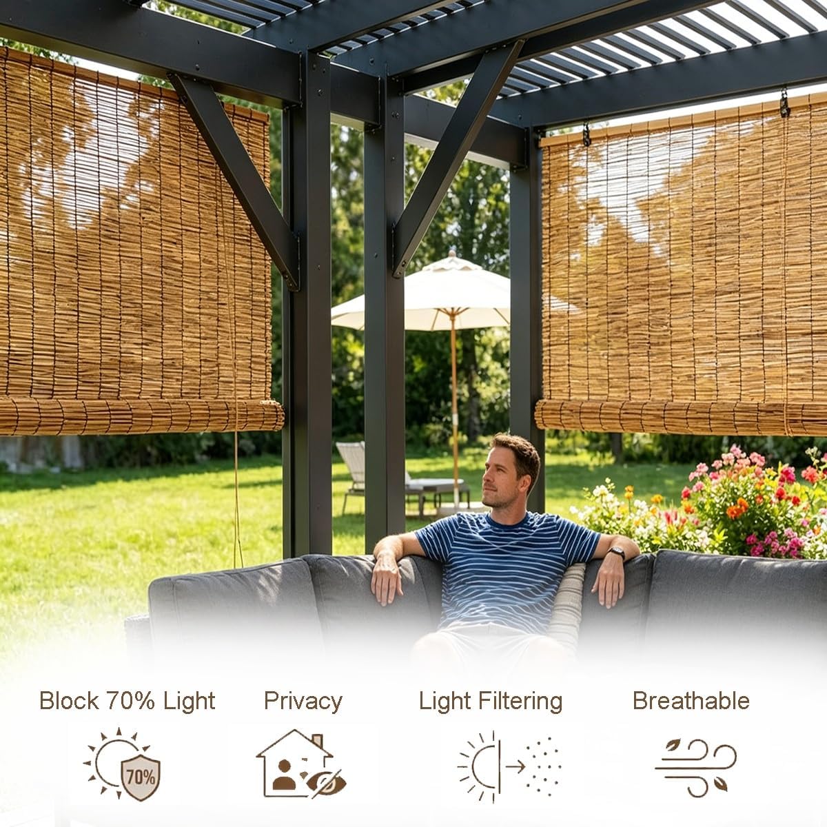 Woven Bamboo Shades Outdoor Patio Sun Shade 84" 82" 34" 26" 38" 44" 72" 64" 60", Privacy Shade Roll up Blinds with Lift, Retro Bamboo Blinds for Interior Windows(Cocoa,82" W x 64" H)