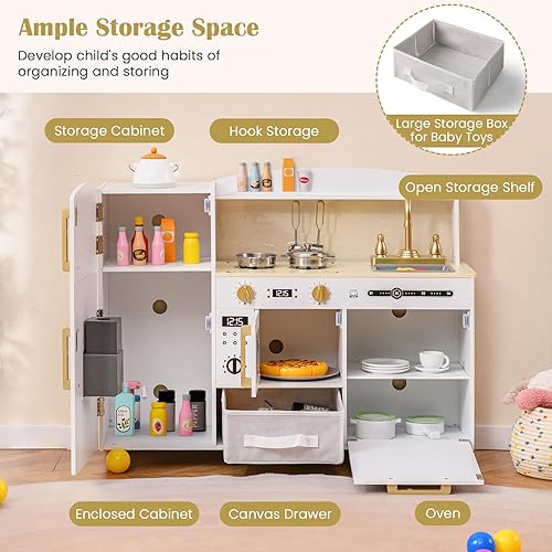 Miniatura 6 de INFANS Juego de cocina para niños, juego de juguetes de cocina de madera para niños pequeños con tabla de dibujo acrílica, máquina de hielo,