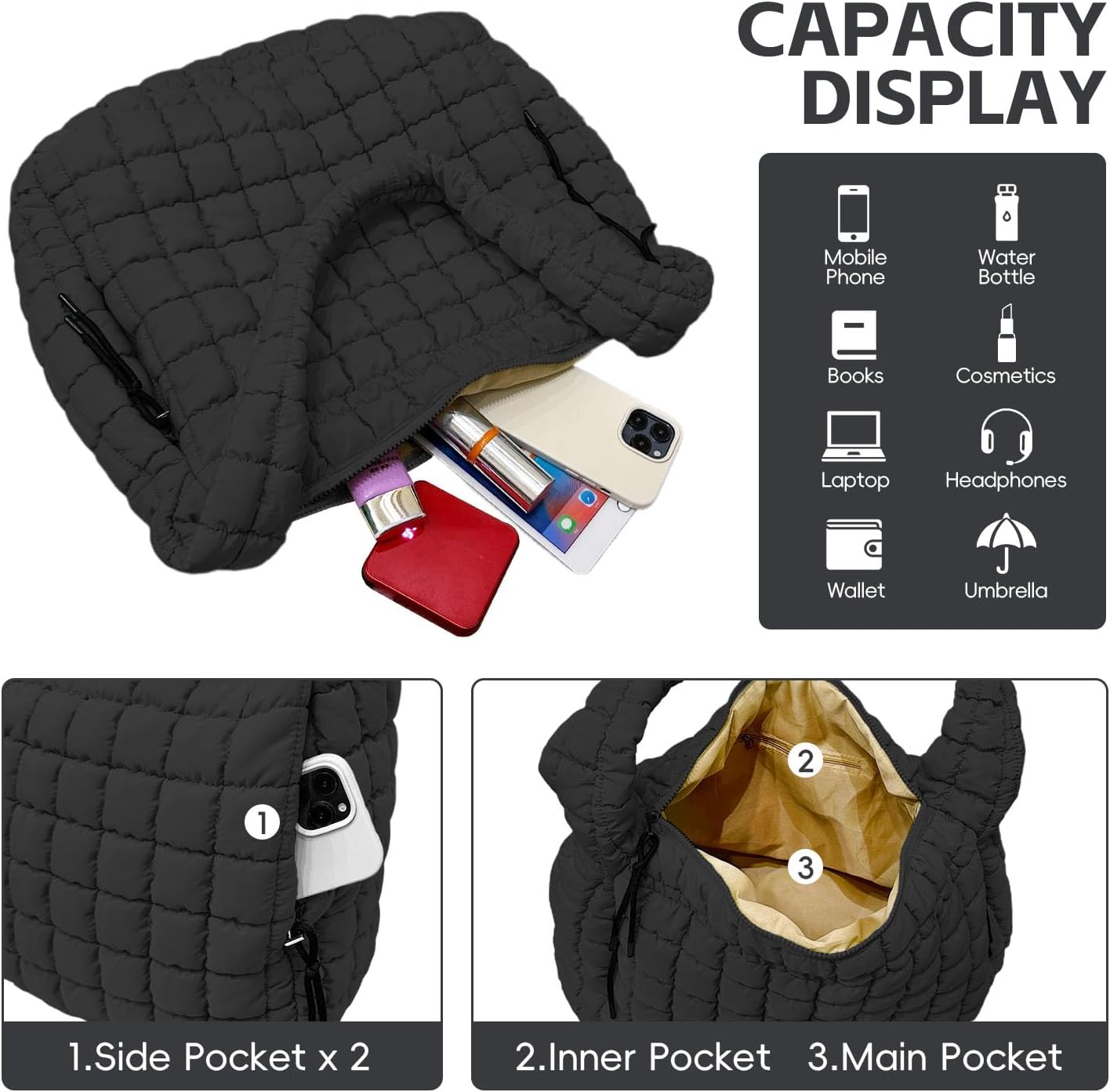 Puffer Tote, Quilted Puffer Hobo Bag, Lightweight Puffy Quilted Shoulder Bag for Work, Gym, Travel - Image 5