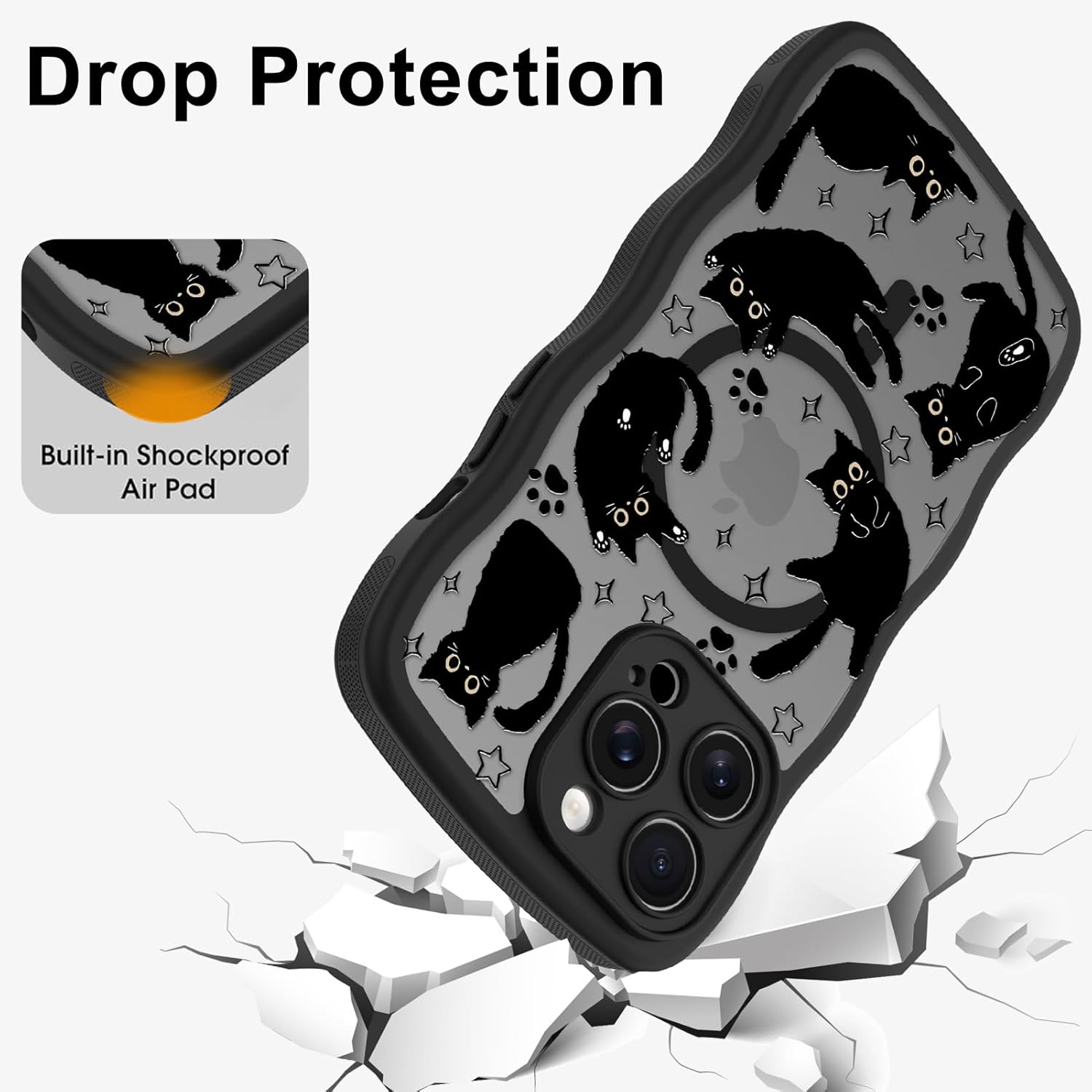 Cute Case for iPhone 13 Pro Max Case [Compatible with MagSafe] with Kawaii Black Cats Cat Print Pattern Design for Women Girls, Soft Wavy Edge Anti-Slip Animal Magnetic Protective Phone Cover - Image 5