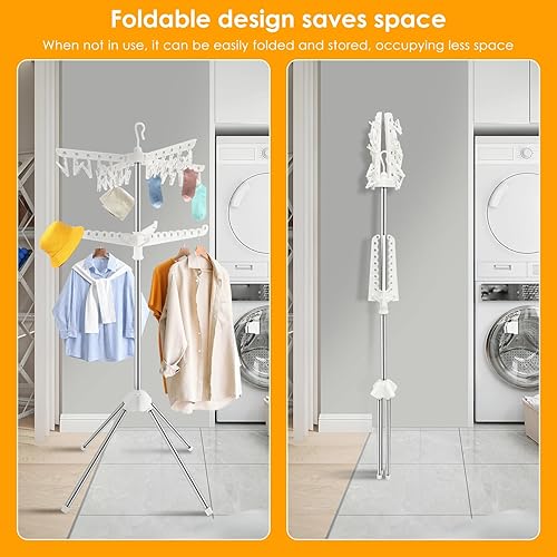 Miniatura 3 de Estante de secado de ropa de 2 niveles, soporte de secado de ropa plegable de 56 pulgadas con 3 brazos giratorios, 24 clips, estante portátil para