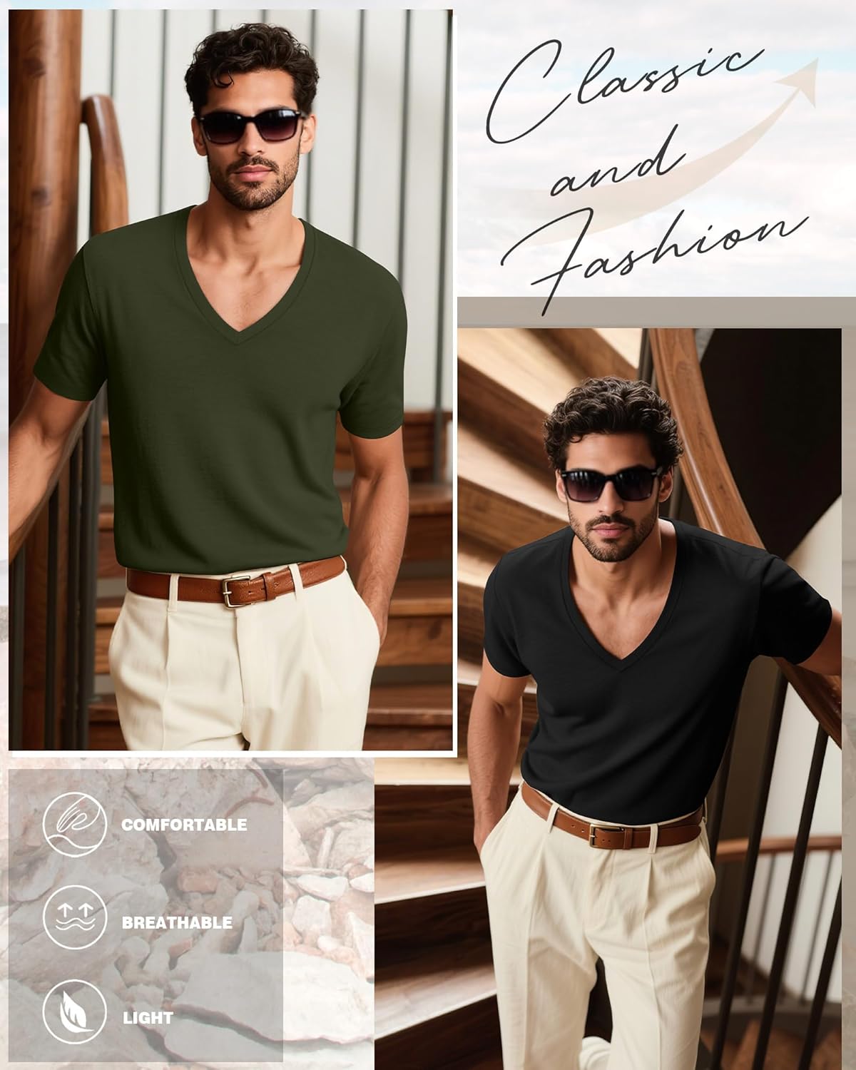 Huukeay 3 Pack Deep V Neck T-Shirts for Men Big and Tall Cotton Short Sleeve Tee Tops Slim Fit Casual Low Cut Shirts(Black, Army Green, Gray,Large) - Image 2