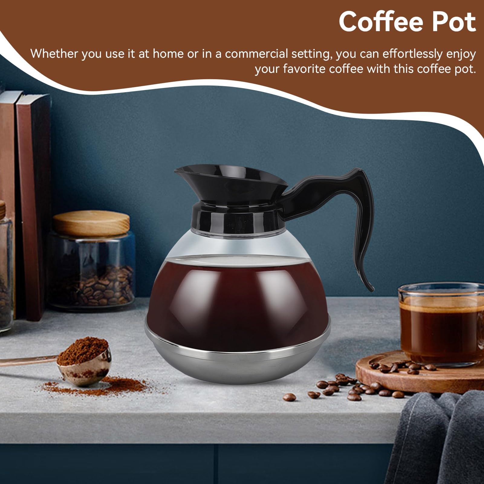 Commercial Coffee Pot Replacement, Coffee Carafe Decanter Replacement Coffee Carafe Universal Replacement Coffee Pot with Black Grip and Tight Fit Spout for Coffee Machine Stove