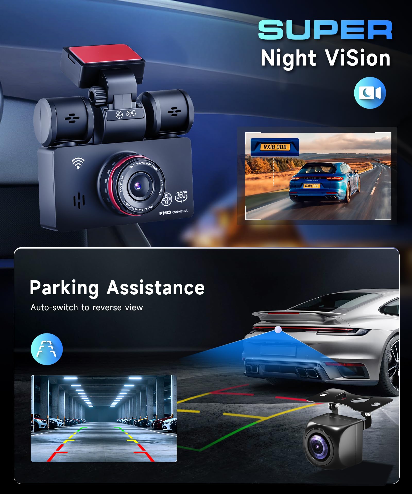 VECHTEL Cámara de salpicadero 2K para Coche, Delantera y Trasera,con WiFi, 4 cámaras de salpicadero 1080P,Pantalla IPS de 3 Pulgadas, visión Nocturna, Sensor G,360 ​​Grados,con Tarjeta SD de 64 GB